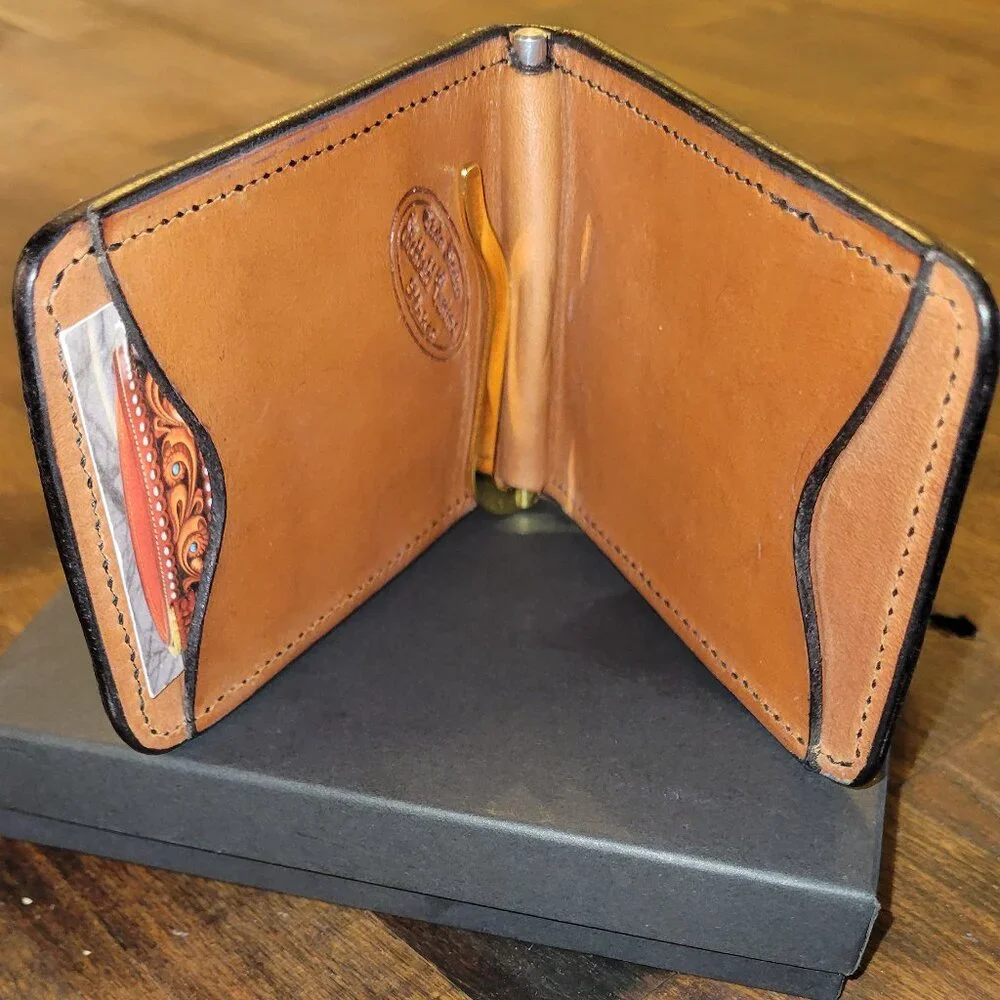 Premium Exotic Brown Ostrich Leg Leather Billfold Money Clip, ethically sourced